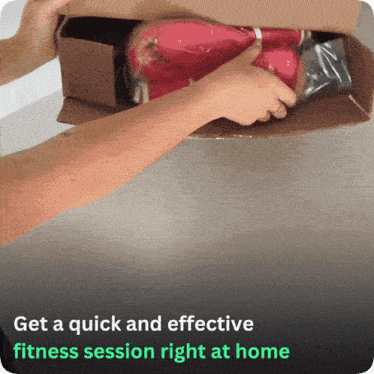 a person is putting something in a cardboard box with the words get a quick and effective fitness session right at home