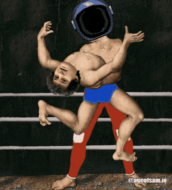 a pixel art of two men wrestling with the caption ageofsam.io on the bottom