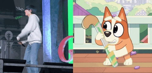 a cartoon dog is holding a stick next to a man