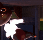 a cartoon character with big eyes is standing next to another cartoon character in a dark room .