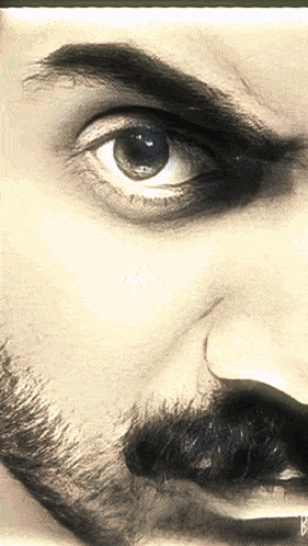 a close up of a man 's eye with a beard and mustache