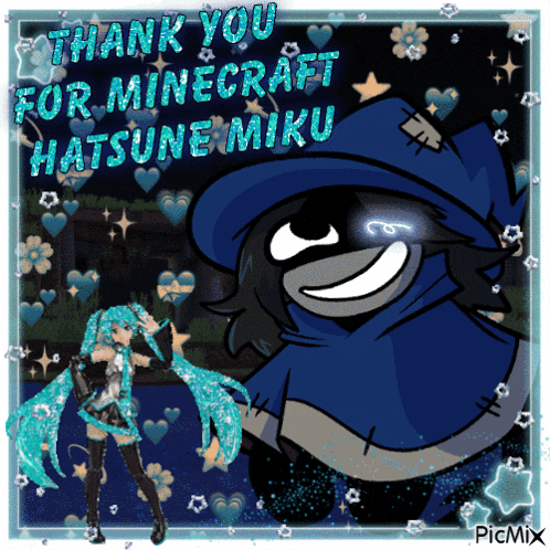 a thank you for minecraft hatsune miku card with a cartoon character