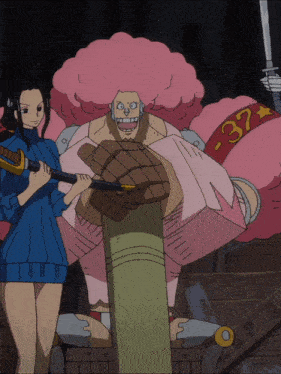a woman holding a sword stands next to a cartoon character with a 37 on his chest