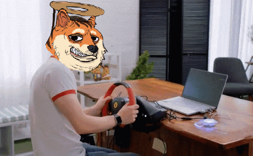 a man is sitting at a desk with a laptop and a doge face on his head
