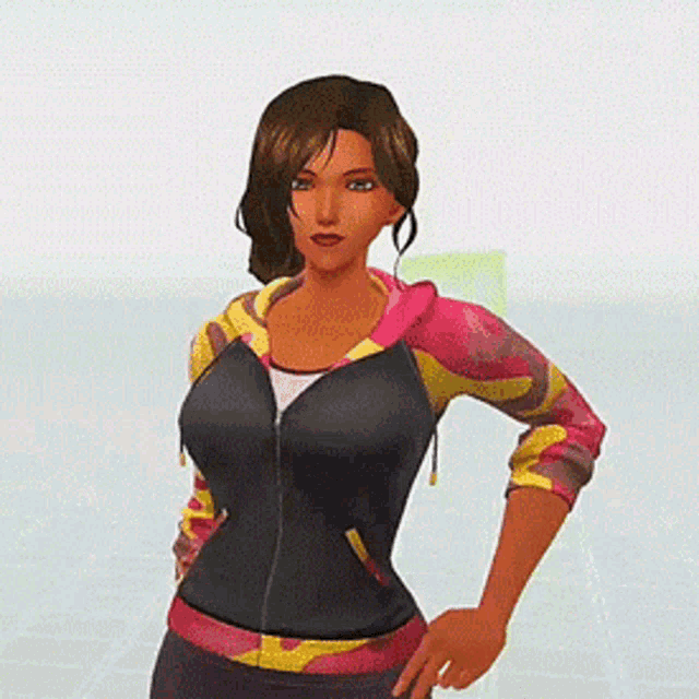 a woman wearing a pink and yellow hoodie is standing with her hands on her hips