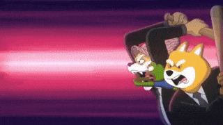 a cartoon of a dog in a suit holding a bat