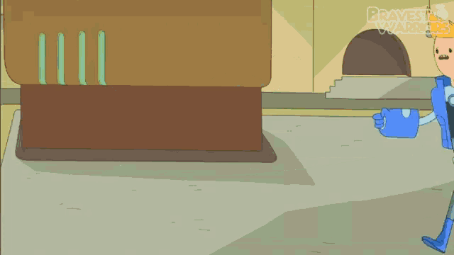 a cartoon character is kneeling down in front of a building with the words bravest warriors written on the bottom