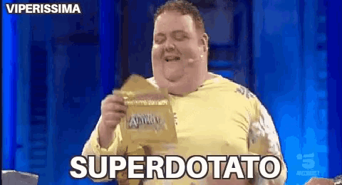 a man in a yellow shirt is holding a bag of chips and saying superdotato
