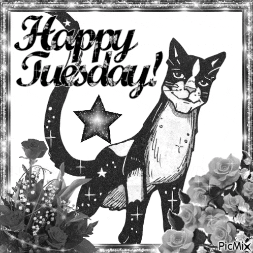 a black and white picture of a cat with the words happy tuesday on it