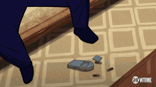 a cartoon of a man standing on a carpet with showtime written on the bottom