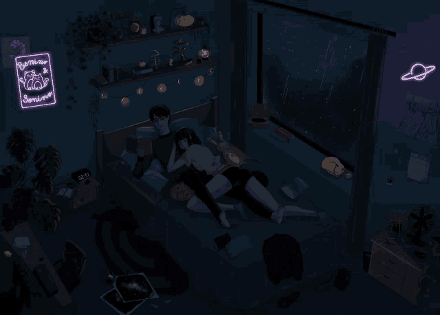 a drawing of two people laying on a bed with a neon sign that says ' bathing & swimming '