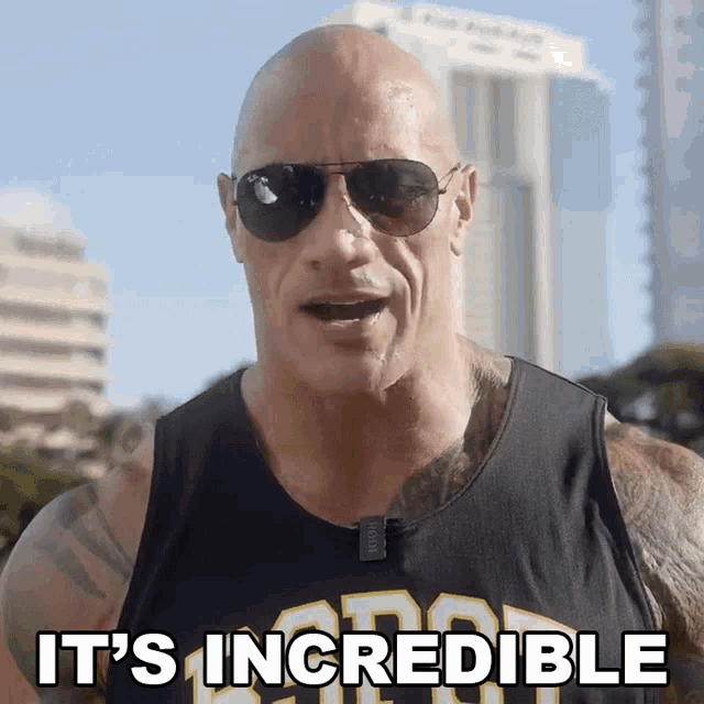 a bald man wearing sunglasses and a tank top that says it 's incredible