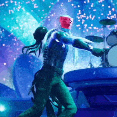 a man with a mask on his face is playing drums in a video game .