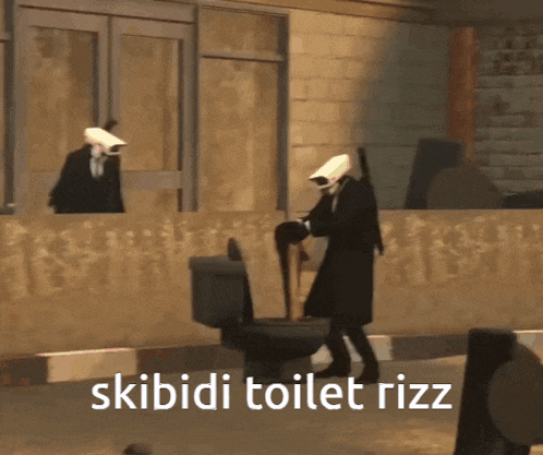 a man in a suit standing next to a toilet with the words skibidi toilet rizz on the bottom