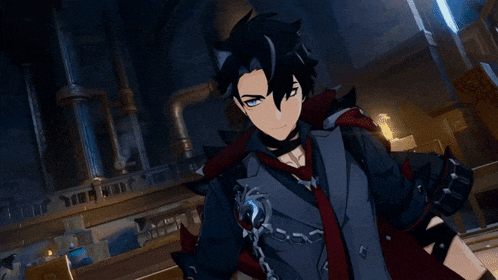 a cartoon character with black hair and blue eyes holds his fist up
