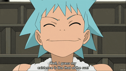 a cartoon character with blue hair says well i guess my existence like that of the sun