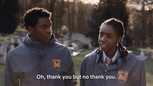 a man and a woman are standing in a cemetery and the woman says oh thank you but no thank you