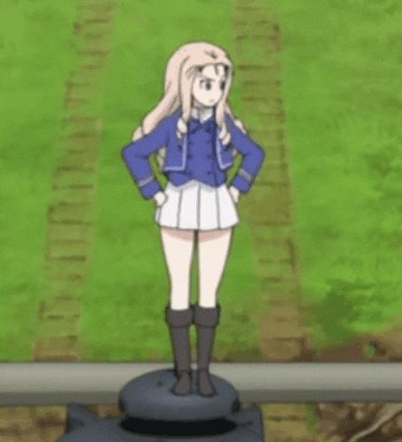 a girl in a blue jacket and white skirt is standing on top of a black tank .