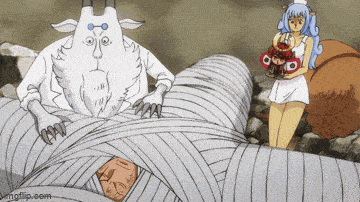 a cartoon drawing of a goat and a woman standing next to a mummy .