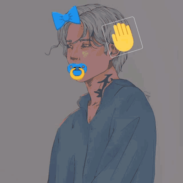 a drawing of a man with a pacifier and a bottle on his head