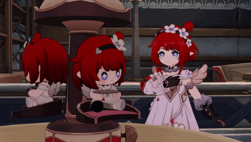 a girl with red hair is standing next to a carousel