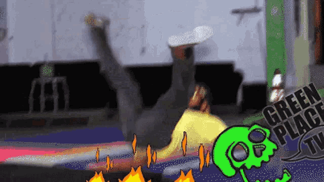 a cartoon drawing of a person doing a flip with the words green place in the background