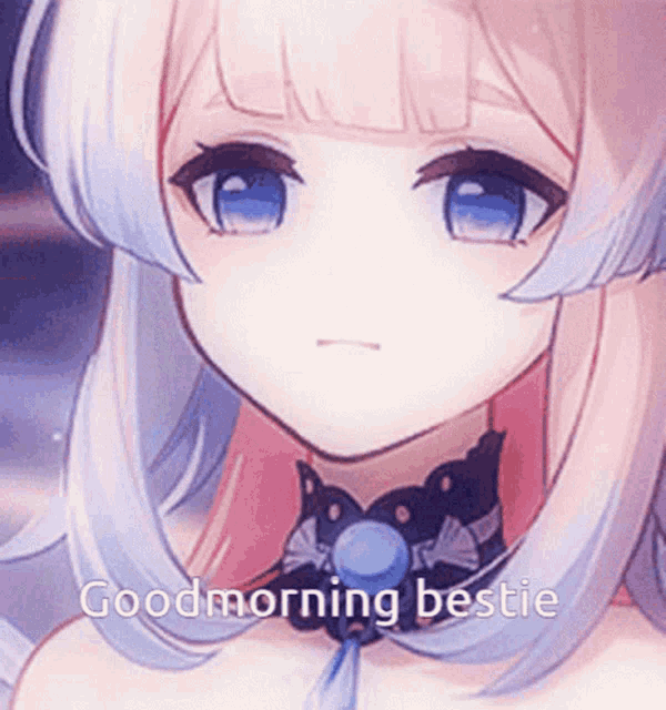 a close up of a girl 's face with the words good morning bestie written on the bottom