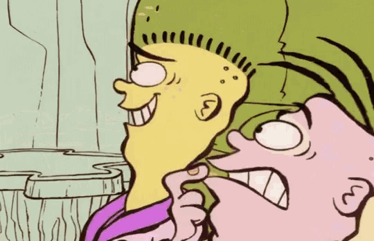a couple of cartoon characters are standing next to each other .