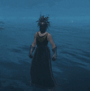a woman in a black dress is standing in the water