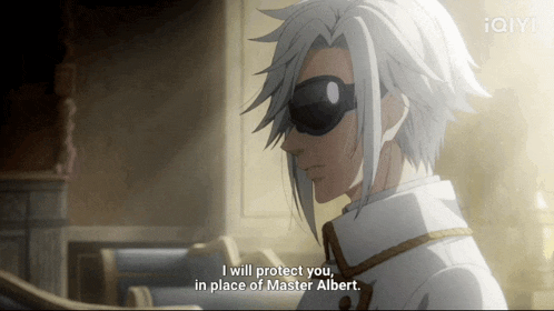 a man with white hair and sunglasses says " i will protect you in place of master albert "