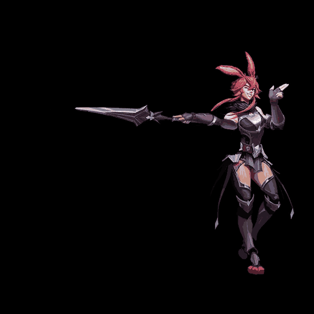 a woman with bunny ears is holding a sword with the word poke below her