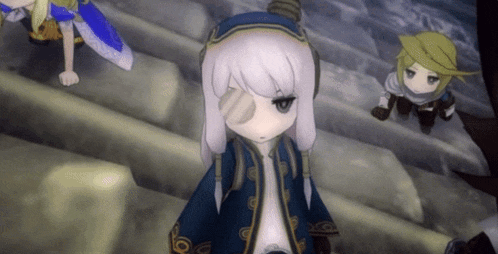 a girl with a bandage on her eye is standing on a set of stairs