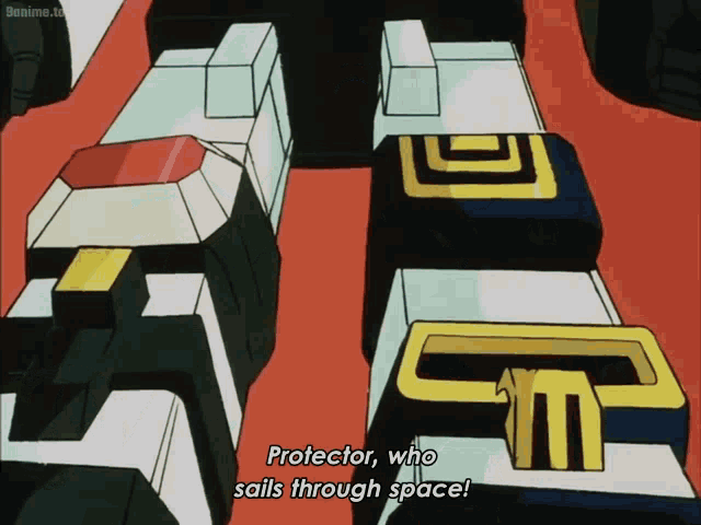 a cartoon of a robot with the words protector who sails through space at the bottom