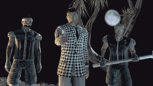a man in a plaid suit is standing between two men
