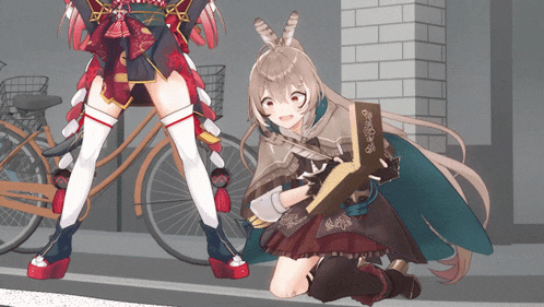 a drawing of a girl kneeling down with a book and a bicycle in the background