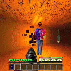 a man in a tie dye shirt is standing next to a statue in a game