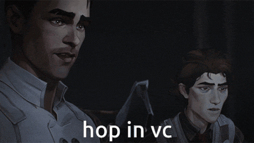 a man and a woman are standing next to each other with the words hop in vc written on the bottom