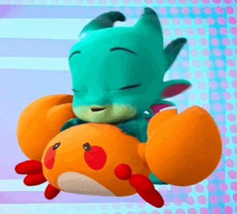 a cartoon character is sleeping on a stuffed animal .