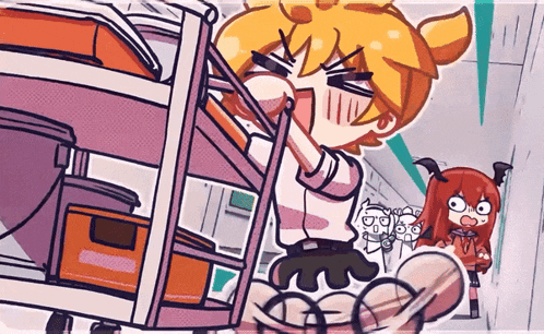 a cartoon of a girl pushing a cart with a box in it