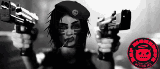 a black and white photo of a woman holding two guns with a monkey within me sticker