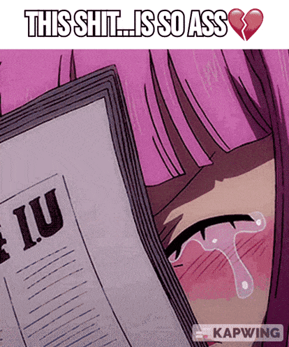 a girl with pink hair is crying while holding a piece of paper with the word iu on it