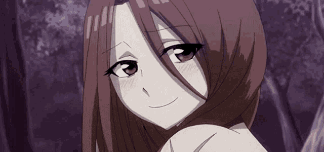a girl with long brown hair is smiling and looking over her shoulder in a purple background .