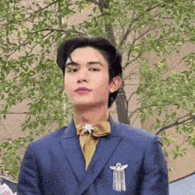 a young man wearing a suit and tie is standing in front of a tree .