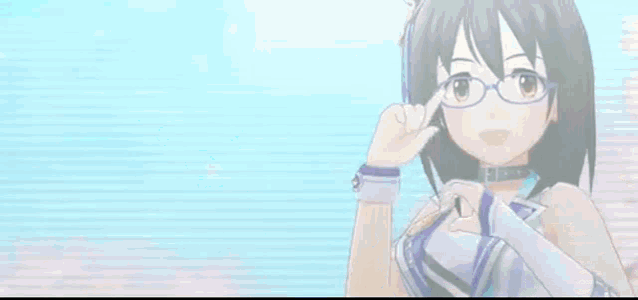a cartoon girl wearing glasses is pointing her finger