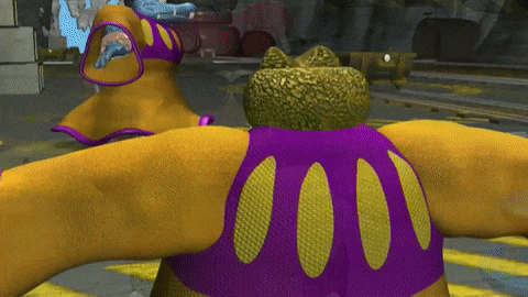 a cartoon character with a purple top and a yellow top
