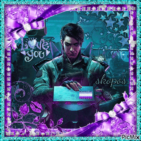 a picture of a man in a purple and blue frame with the words love you skopos