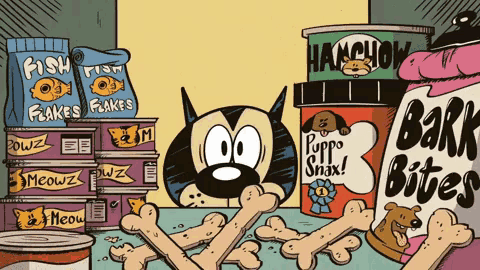 a cartoon of a cat surrounded by cans of food including bark bites