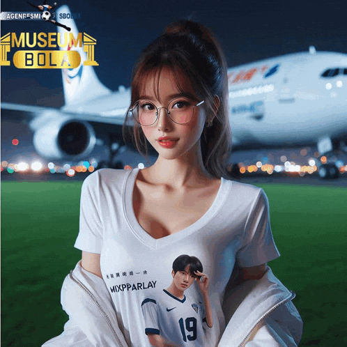 a woman wearing a white shirt with the number 19 on it stands in front of an airplane