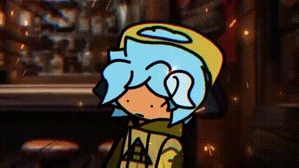 a cartoon character with blue hair and a yellow hat is standing in front of a wall .