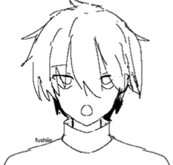 a black and white drawing of a person 's face with the name fushiie at the bottom